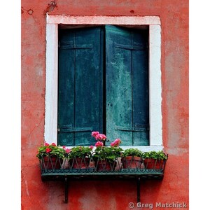 May include: A window with green wooden shutters is set into a red brick wall. A wrought iron planter box with pink flowers sits below the window.