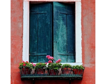 Fine Art Color Travel Photography of Shutters and Window in Venice - "Shutters and Flower Pots in Murano"