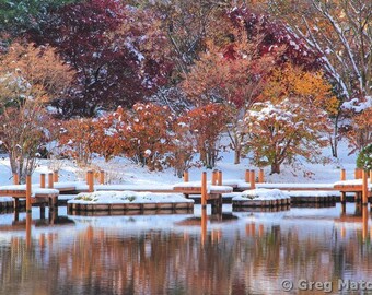 Fine Art Color Photography of Garden and Nature Scenery - A Lake and Boardwalk in a Japanese Garden With Snow and Autumn Foliage