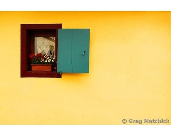 Fine Art Color Window Photography of a Yellow Wall and Window With Green Shutter in Alsace France