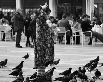 Fine Art Black & White Candid Travel Photography of Child and Pigeons in Piazza San Marco in Venice Italy - "Pigeon Girl 2"