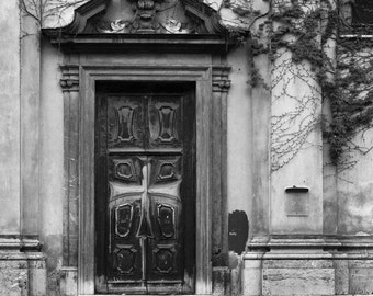 Fine Art Black & White Architecture Photography of Door - "Doorway and Ivy in Ljubljana" Square Print