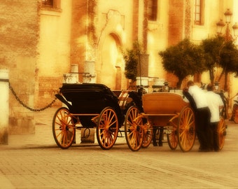 Fine Art Color Travel Photography of Horse Drawn Carriages in a Plaza in Sevilla Spain