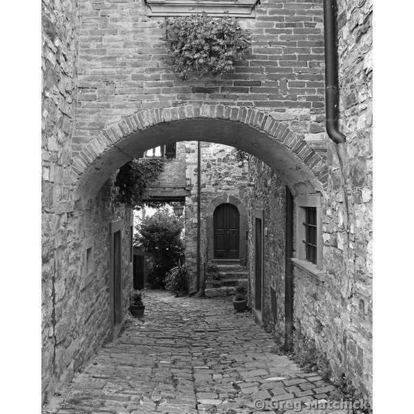 Fine Art Black & White Architecture Photography of Arch and Lane in the Chianti Hill Town of Montefioralle Italy