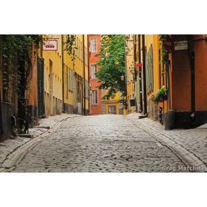 Fine Art Color Photography of a Quiet Cobblestone Lane in Gamla Stan Stockholm Sweden