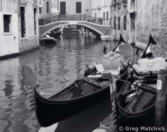 Fine Art Black & White Travel Photography of Two Docked Gondolas in Venice Italy