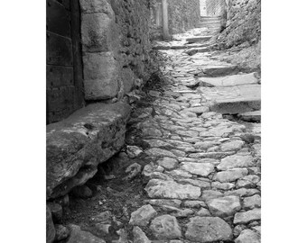 Fine Art Black & White Photography of Medieval Village in France - "Ascent in Beynac"