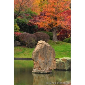 Fine Art Color Landscape Photography of Fall Foliage and Standing Stone in a Japanese Garden