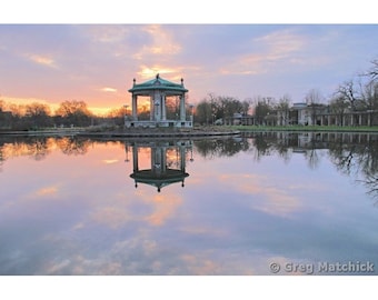 Fine Art Color St Louis Photography of Muny Opera Bandstand and Cloud Reflections in Pagoda Lake at Sunrise in Forest Park