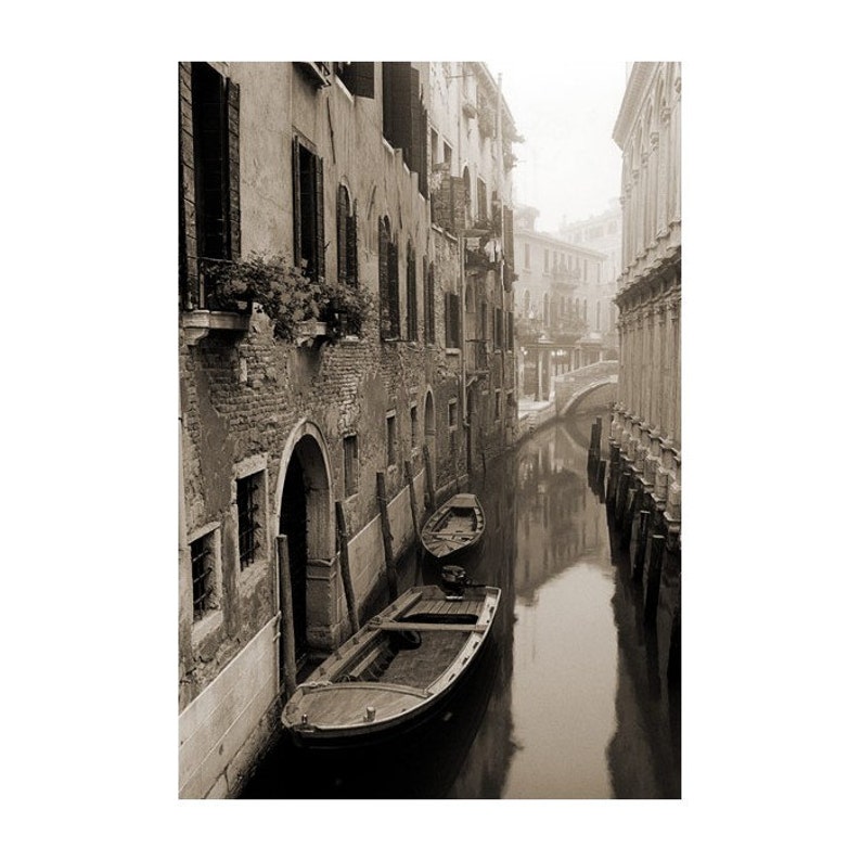 Fine Art Sepia Photography of Venice Canal and Boats Morning Mist On a Narrow Canal image 1