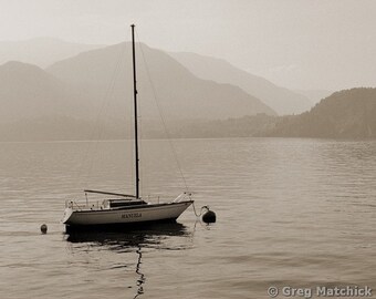 Fine Art Sepia Photography of Lake Como Landscape - "Lone White Boat on Lake Como" (Italy)