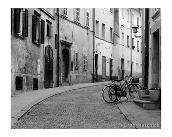 Fine Art Black & White Travel Photography of Bicycles on Street in Europe - "Bicycles On a Quiet Street in Ljubljana" (Slovenia) 10x8 Print