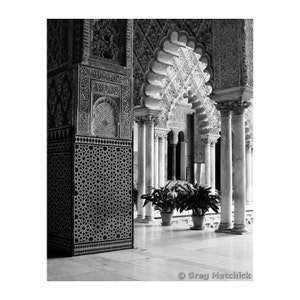 Fine Art Black & White Photography of Moorish Architecture - &quot;Alcazar Columns and Courtyard&quot;