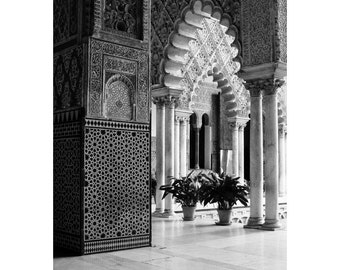 Fine Art Black & White Photography of Moorish Architecture - "Alcazar Columns and Courtyard"