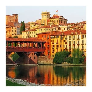 Fine Art Color Travel Photography of Bridge in Bassano Italy - &quot;Bassano Ponte Vecchio and Reflections&quot; Square Print