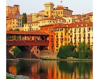 Fine Art Color Travel Photography of Bridge in Bassano Italy - "Bassano Ponte Vecchio and Reflections" Square Print