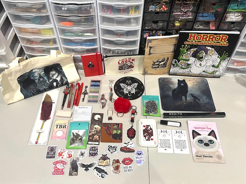 Mystery Bookish Bundle – 20 item| Keychain, stickers, notebook, stationary gift set, Dark Romance image 1