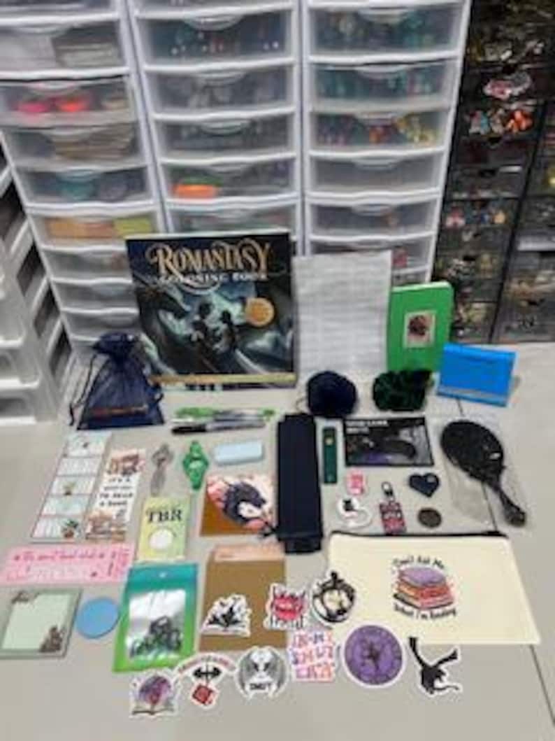 May include: A collection of book-themed items including a Romantasy coloring book, a green notebook, a beige pencil case with the text 'Don't Ask Me What I'm Reading', various stickers, bookmarks, a blue pouch, a black hand mirror, and pens.