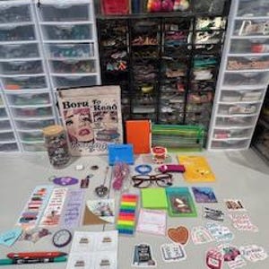 May include: A collection of stationery and reading accessories including a pouch with the text Born To Read, a glass jar, an orange notebook, reading glasses, various bookmarks, colorful sticky notes, pens, and numerous decorative stickers.
