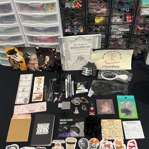 May include: A collection of book-themed items including The Unofficial Bridgerton Coloring Book, a canvas pouch with the text Buy Me Books And Tell Me To stfuattdlagg, various bookmarks, stickers, pins, a black notebook, a skincare mask, and hair accessories.