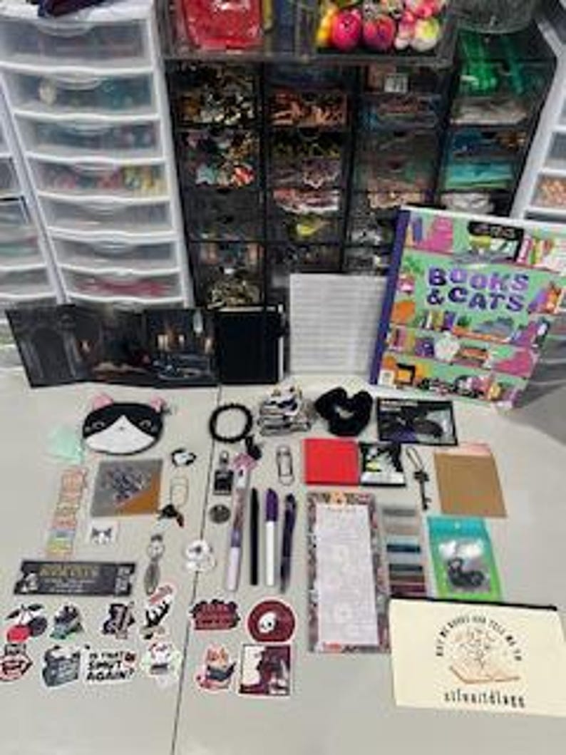 May include: A collection of stationery and craft items including a Books & Cats book, a cat-shaped coin purse, various stickers, pens, a notepad, a canvas pouch with the text 'Buy me books and tell me I'm pretty', and assorted small metal accessories.