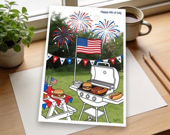 Fourth of July Celebration Coloring Page | Fireworks, American Flag, Barbecue Scene | Fun Patriotic Activity for Kids & Adults