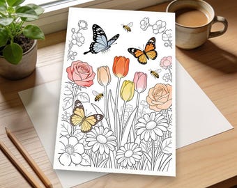 Springtime Flower Garden Coloring Page | Blooming Flowers, Butterflies & Bees | Relaxing Creative Activity
