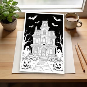 Halloween Haunted House Coloring Page | Spooky Mansion with Bats, Pumpkins & Ghosts for All Ages