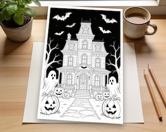 Halloween Haunted House Coloring Page | Spooky Mansion with Bats, Pumpkins & Ghosts for All Ages
