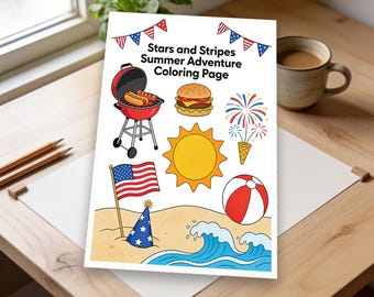 Stars and Stripes Summer Adventure Coloring Page | Barbecues, Beach Trips, and Celebrations