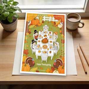 Página para colorear de una festiva cena de Acción de Gracias / Cosecha abundante, mesa bellamente puesta, personajes otoñales divertidos