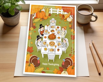 Festive Thanksgiving Feast Coloring Page | Bountiful Harvest, Beautifully Set Table, Autumn Characters Fun