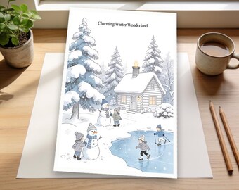 Charming Winter Wonderland Coloring Page | Snow-Covered Trees, Cozy Scenes, Fun Winter Activities