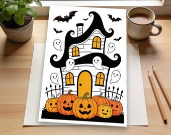 Whimsical Haunted House Coloring Page, Playful Ghosts, Fun Halloween Art, Kids Halloween Activity, Spooky Coloring Fun