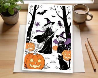 Enchanting Halloween Fantasy Coloring Page | Witches, Pumpkins, Spooky Creatures, Relaxing Art for All Ages