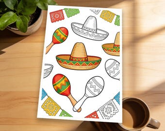 Cinco Mayo Shirt | Vibrant Cinco de Mayo Fiesta Coloring Page | Maracas, Sombreros, Papel Picado Design for Family Fun