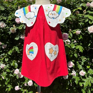 Red Girls Dress, Rainbow Cloud Collar, Heart Pockets, Summer Toddler Birthday Outfit