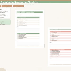 May include: A medical checklist titled "Bedside Dysphagia Screening Checklist" with a green and white design. The checklist includes sections for medical history review, oral mechanism exam, and swallowing observation. The checklist is designed for acute care and hospital SLPs.
