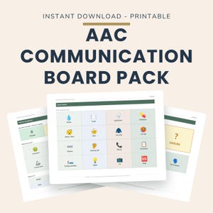 May include: A printable AAC communication board pack featuring multiple pages with grids of icons and text labels for basic needs, pain, and symptoms. The text reads INSTANT DOWNLOAD - PRINTABLE AAC COMMUNICATION BOARD PACK with various icons.