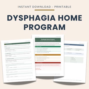 Op de afbeelding: Een printbaar Dysfagie Thuisprogramma bestaande uit drie pagina's met instructietekst, checklists en veiligheidsrichtlijnen voor sliktherapie, gepresenteerd met donkerblauwe, groene en oranje koppen op een lichte achtergrond.