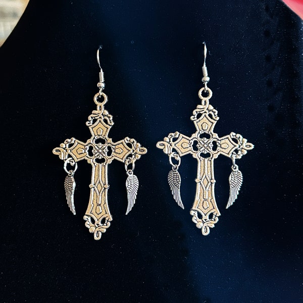 Gothic Cross with Angel Wings Earrings