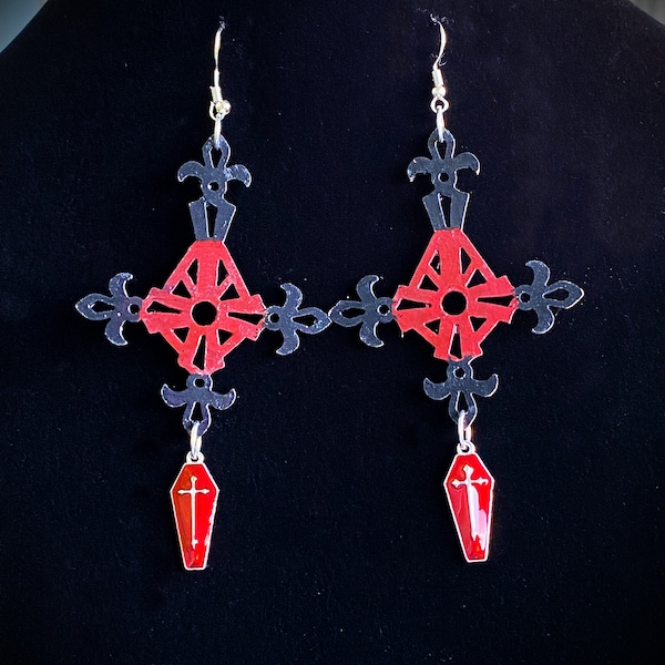 Inverted Gothic Cross & Coffin Handpainted Earrings