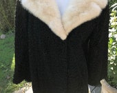 Schiaparelli Fur Coat with Mink Fur Collar Black Short Persian Lamb Coat Ivory Mink Collar and Hem Classic Style Evening Wear Schiaparelli