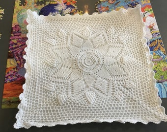 Crochet Pillow Cover with Diamond Pattern Wedding Pillow Crochet Top Heirloom Linen Lovely Linen Vintage Linen Shabby Chic