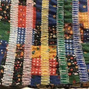 Patchwork Maxi Skirt Patchwork Pieces in Thin Panels down Skirt Yarn Trim Accents Red Green Blue Yellow Unique Maxi Skirt