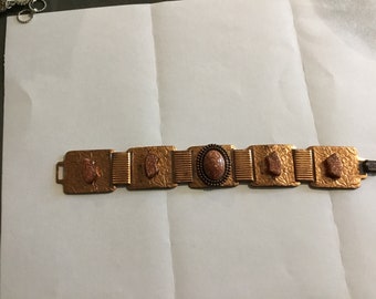 Vintage Copper Bracelet Chunky Bracelet Copper Panel Bracelet with Sparkley Copper Colored Stones Mid Century Jewelry