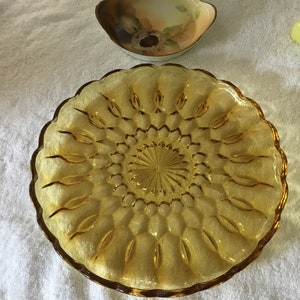 Amber Glass Serving Plate and Nippon What Not dish Sunflower like Pattern on Glass Hand painted Acorns on Nippon Shabby Chic Brunch Table