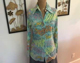 70s Floral Print Blouse: Jubilee Label Pale Blue, Pink & Orange