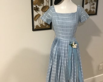 50's Vintage dress Jonathan Logan Label NOS NWT Pale Blue Dress Fit and Flare Full Skirt Velvet Detail at Waist