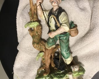 Vintage Ceramic Figurine Fisherman with Pole and Basket with a Fish Signed Mario Benni